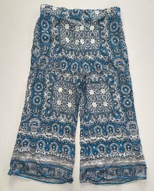 Anthropologie Feather Bone Women's Pants Size 10P Wide Leg Blue Boho Crop Linen